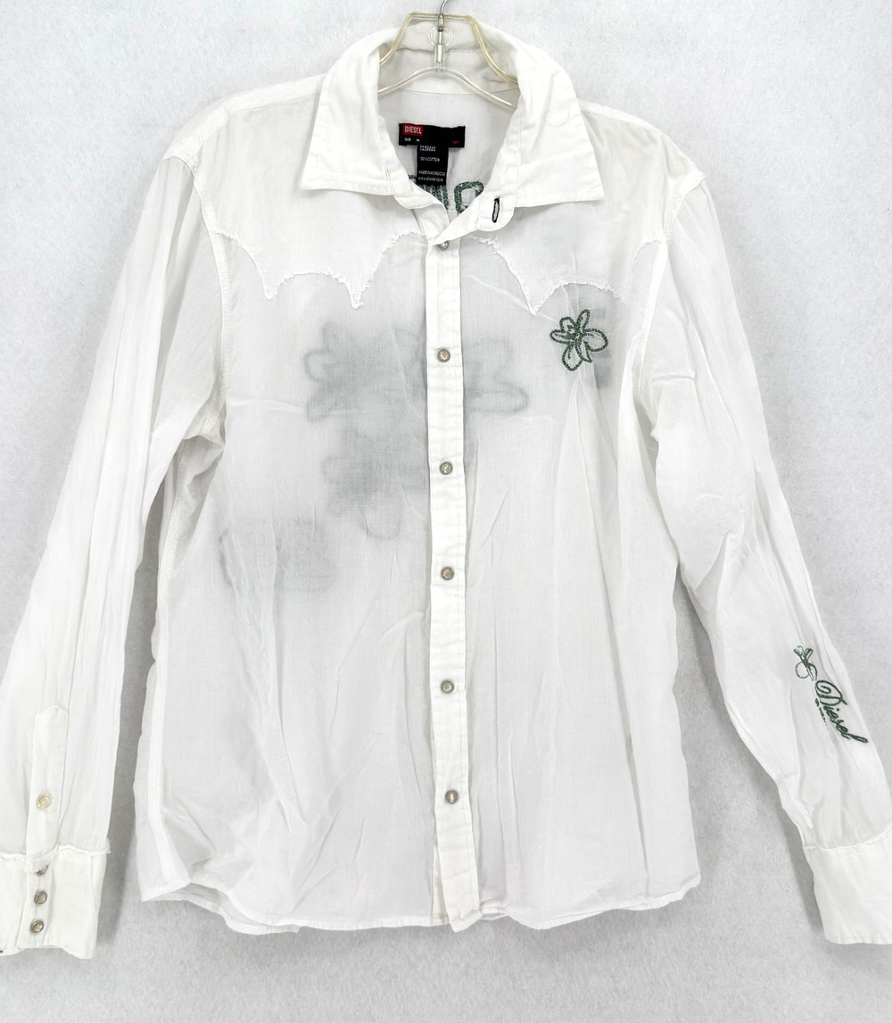 Vintage Diesel Mens Full Bloom Embroidered White Pearl Snaps Western Shirt Sz M